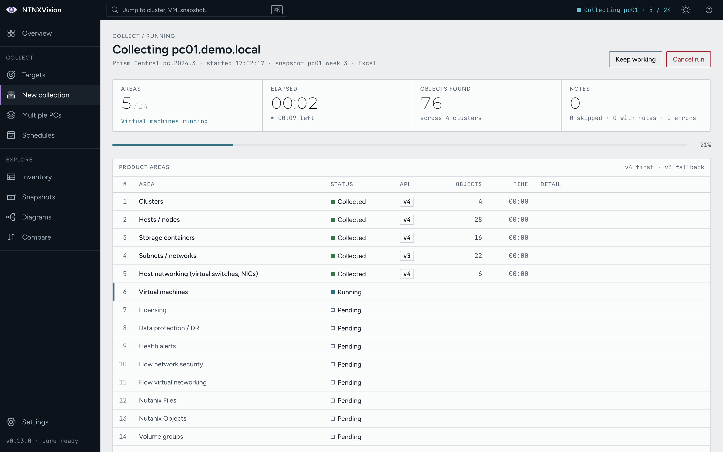 Collecting live progress per area with API version indicators