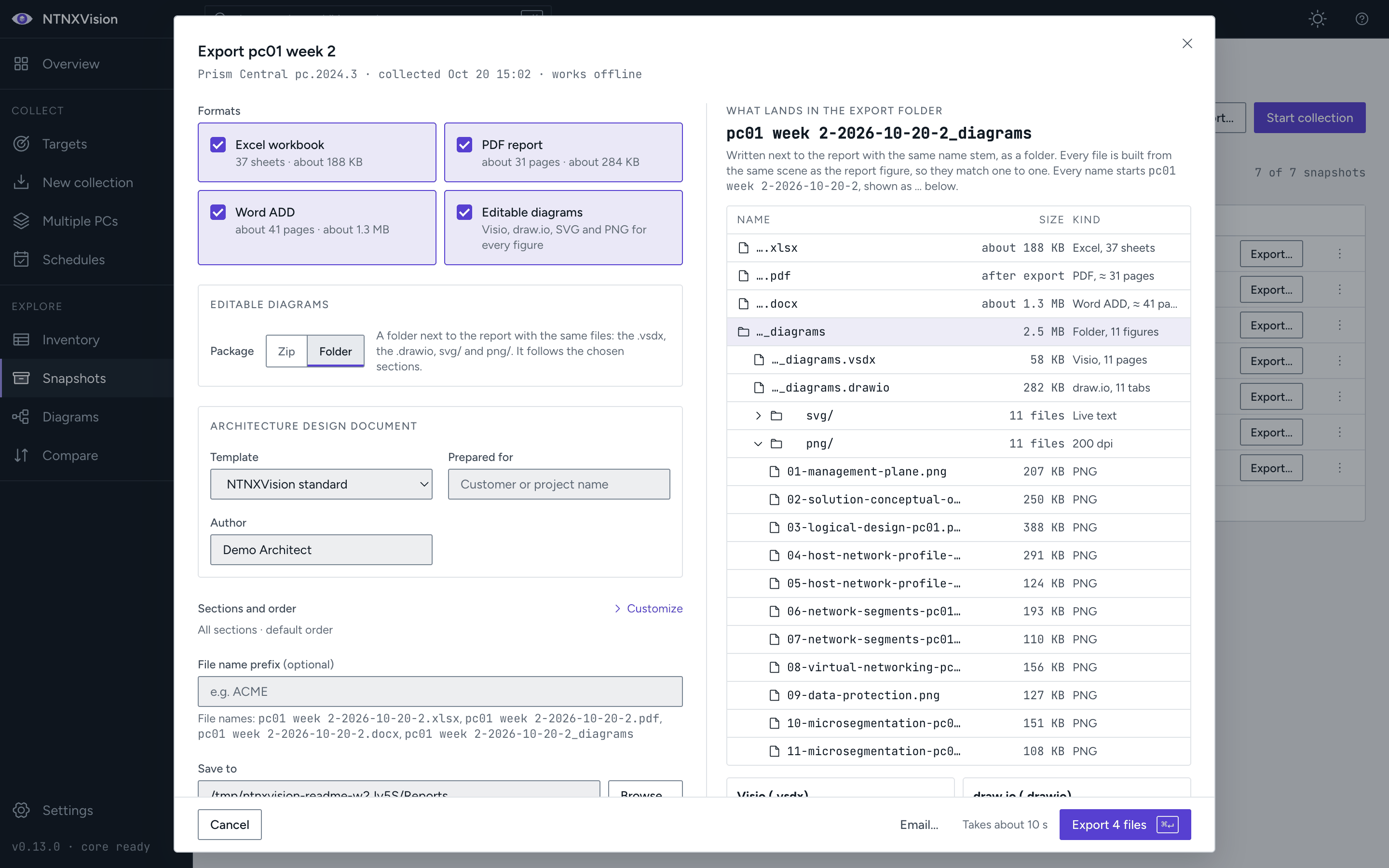 Export dialog previewing Word, PDF and Excel output files